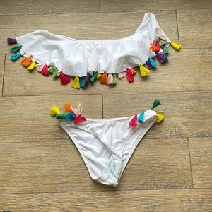 ASOS - Women's - White Off-The Shoulder and Multicolored Tassels Bikini - Size 0